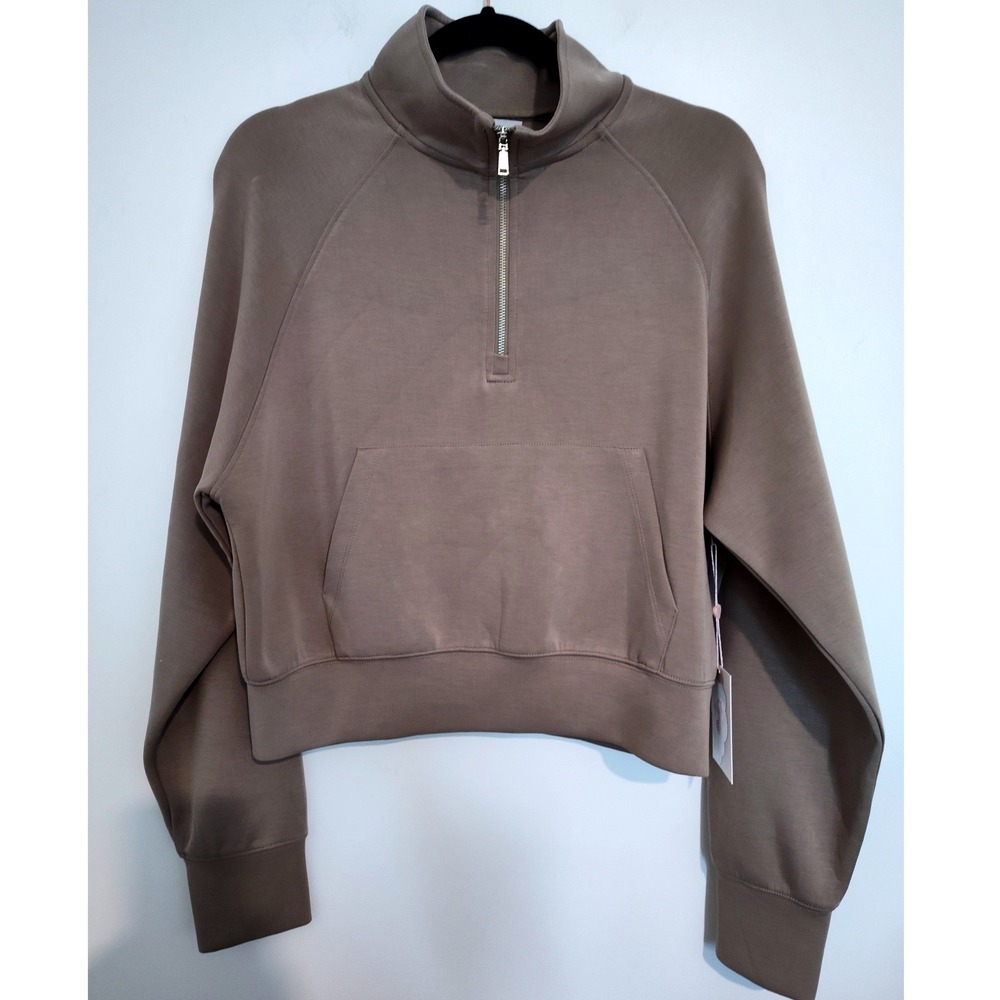 Always You Capsule Comfy Quarter Zip Sweatshirt Taupe Brown Cropped Medium M